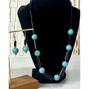 NAVAJO Sterling Silver Turquoise & Heishi Onyx Bead EARRING/ Necklace Set- 22”
